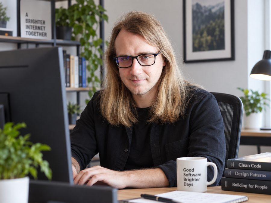 Julian przy biurku z komputerem w jasnym biurze